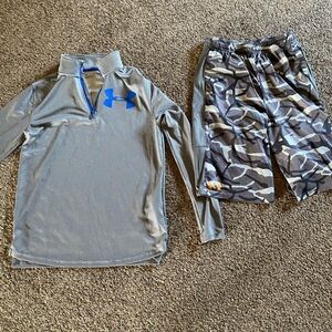 1 UA gray boys extra large 1/4 zip and 1 UA gray extra large camo boys shorts